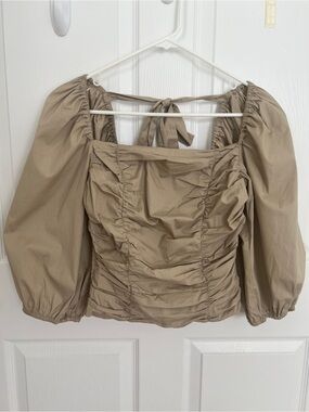 Wayf Taupe Ruched Square-Neck Blouse with Tie Back
